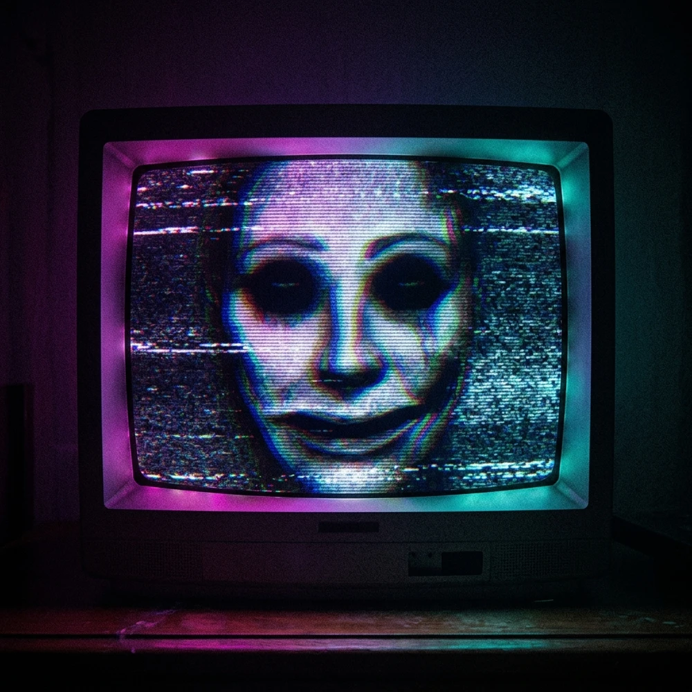CRTã¢ãã¿ãŒã®èµ°æ»ç·ãšVHSãã€ãºã®å¥¥ã«æµ®ãã³äžããäžæ°å³ãªäººé¢ã®èŒªé