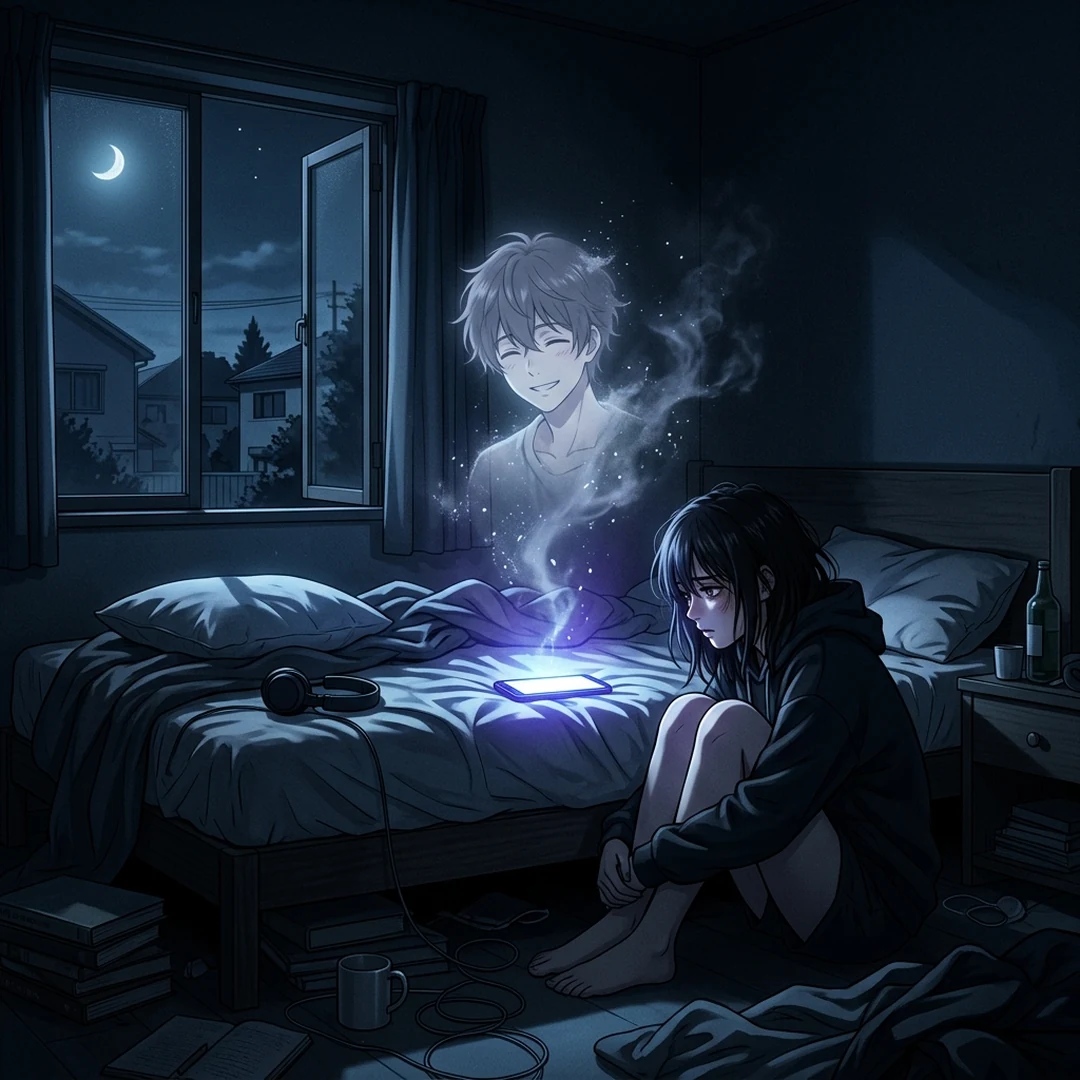 真夜中のベッドで青白く光るスマートフォンの向こうに浮かぶAIの幻影と孤独
