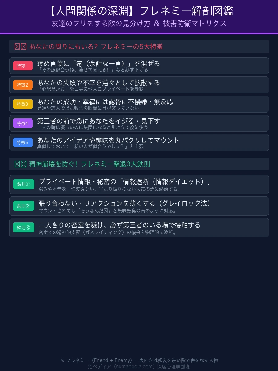 フレネミーの5大特徴と心理学的防衛マトリクス図解